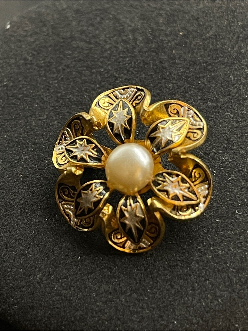 Vintage Damascene Floral Brooch Scarf Pin Faux Pearl Black Gold Starburst